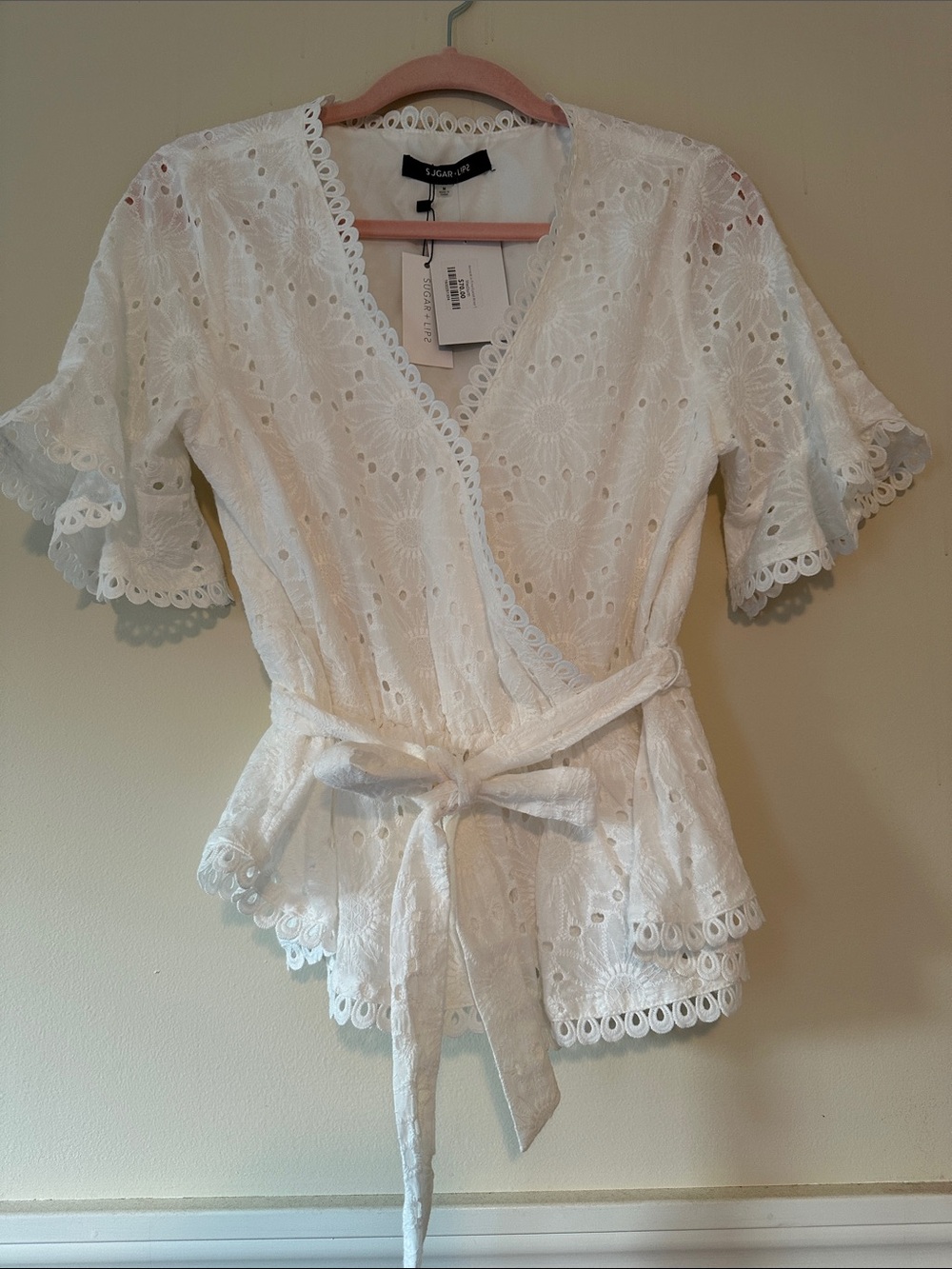 Sugarlips White Eyelet Sunflower NWT Wrap Top w/Tie Waist and Scalloped Edging